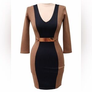 UK2LA Bodycon Dress Medium Brown Black Colorblock Belted Sheath V Neck